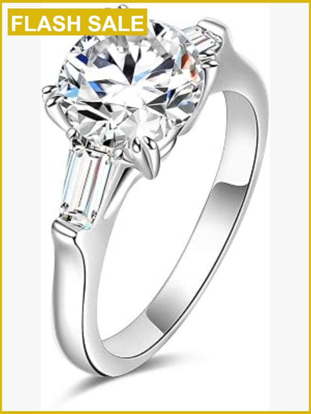 2ct CZ Baguette Solitaire Engagement Ring 14k White Gold Plated